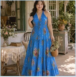 House of Harlow 1960 Blue Floral Cotton Tiered Maxi Dress S